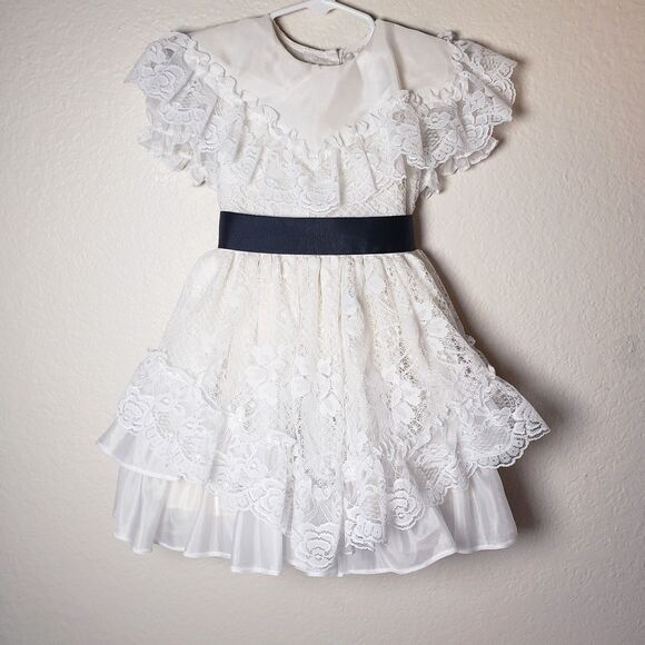 Vintage White Gold Bell Lace Ruffle TuTu Dress With Waist Tie